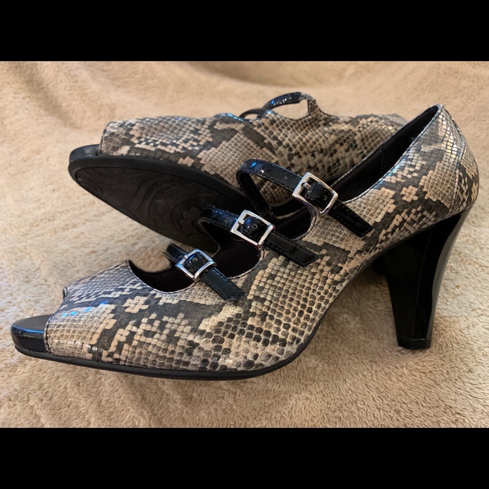 Gretta faux snake skin and black patent heels